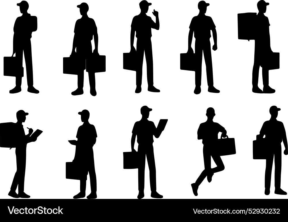Männliche Kuriere setzen schwarze Silhouetten Männliche Kuriere setzen schwarze Silhouetten vektorbild