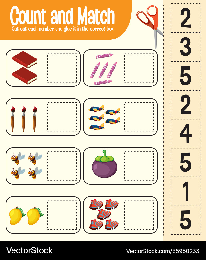Count and match game maths worksheet for children Vector Image