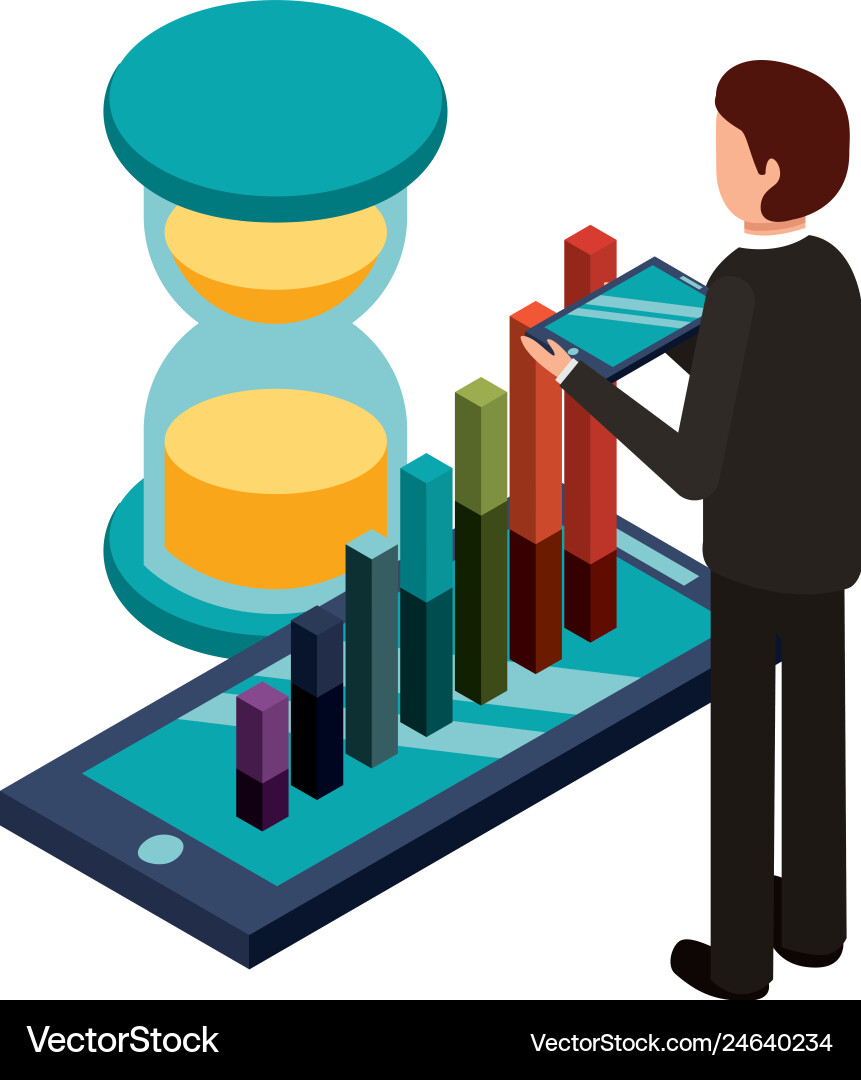 Businessman with smartphone and set icons Vector Image