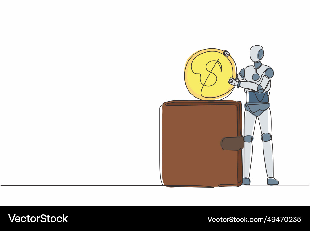 Continuous one line drawing robot putting dollar Continuous one line drawing robot putting dollar vector image