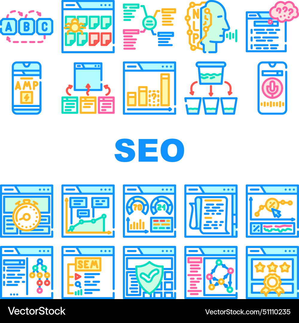 Seo search website web internet icons set Seo search website web internet icons set vector image