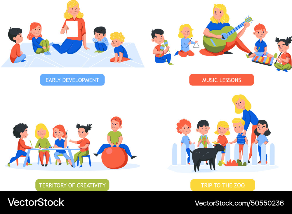 Kindergarten flat compositions set Royalty Free Vector Image