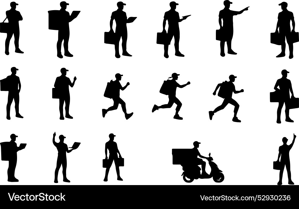 Männliche Kuriere setzen schwarze Silhouetten Männliche Kuriere setzen schwarze Silhouetten vektorbild