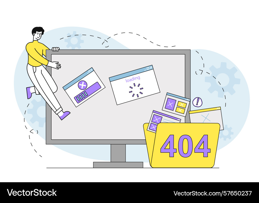 Man with 404 error young guy near computer Vector Image
