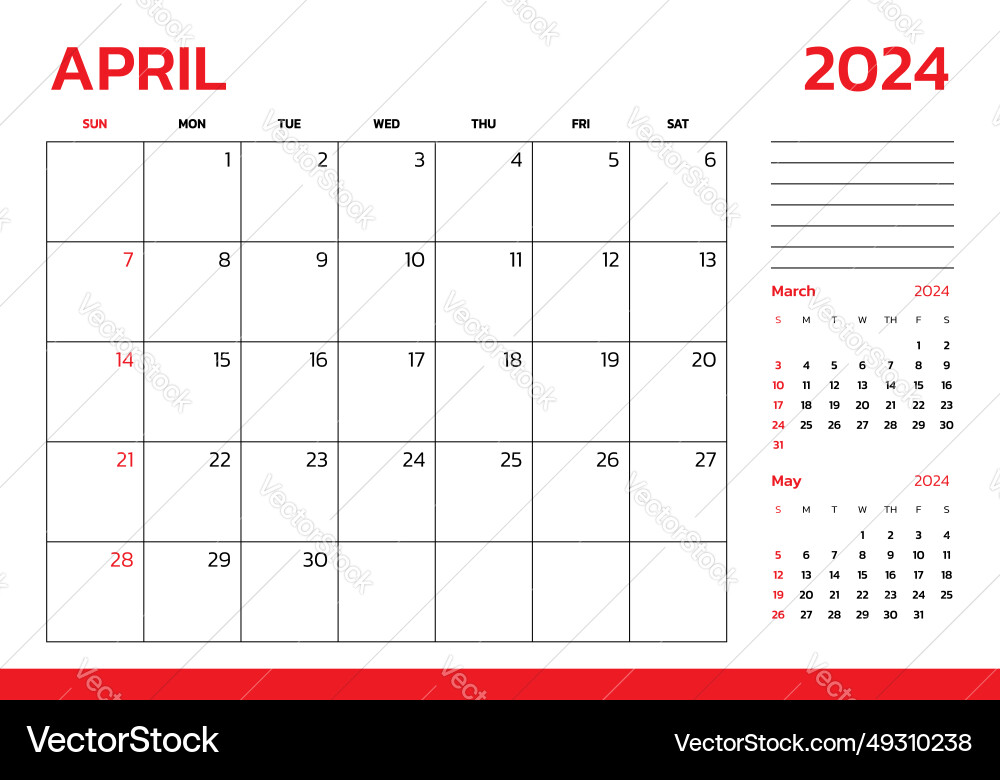April 2024 calendar week start on sunday desk Vector Image