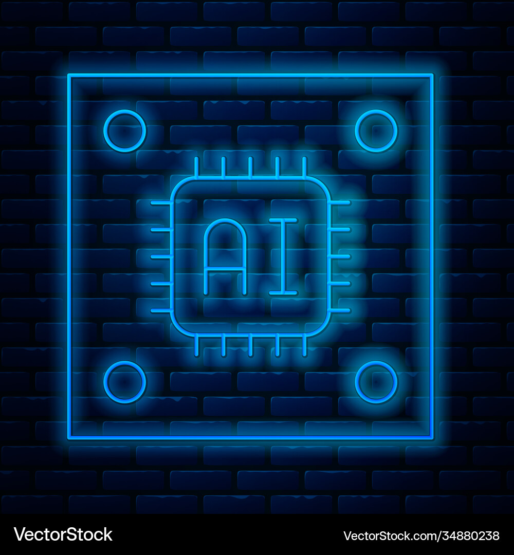Glowing neon line computer processor Glowing neon line computer processor vector image