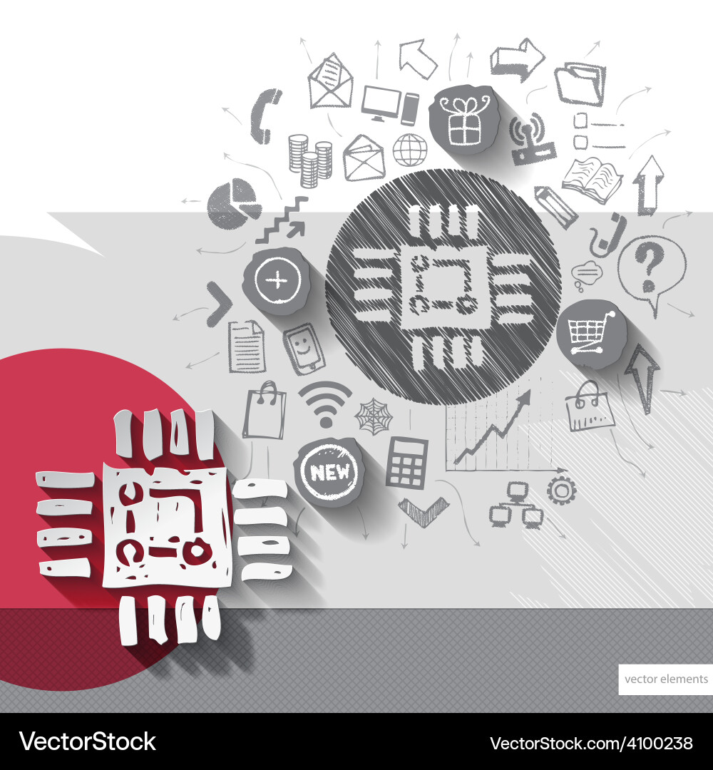 Paper and hand drawn processor emblem with icons vector image