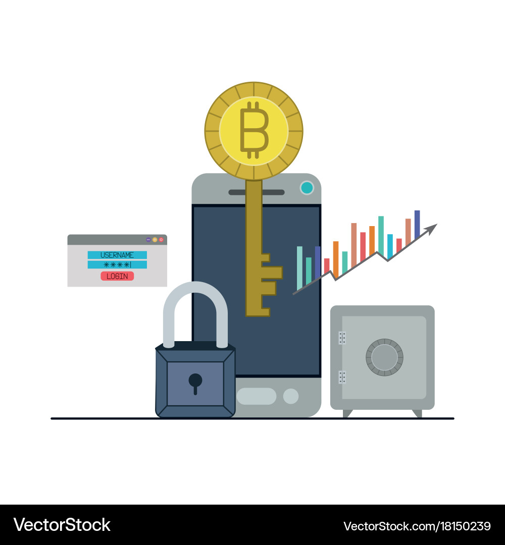 Bitcoin key login closeup with smartphone and safe vector image
