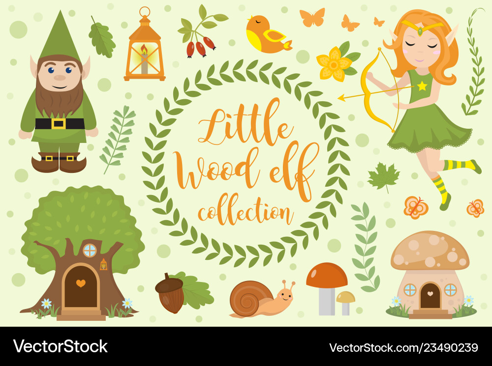 Cute forest elf character set of objects Cute forest elf character set of objects vector image