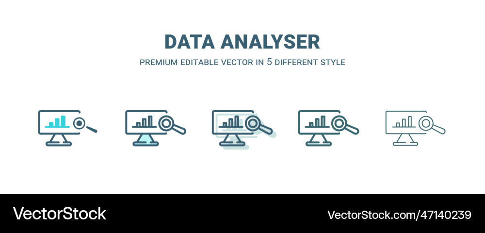 Data analyser icon in 5 different style outline Data analyser icon in 5 different style outline vector image