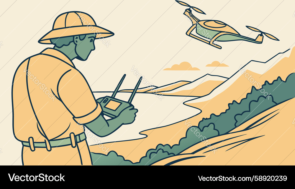 Drone operator with remote control in landscape Vector Image