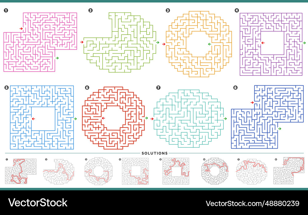 Maze puzzle activities graphs set with solutions vector image