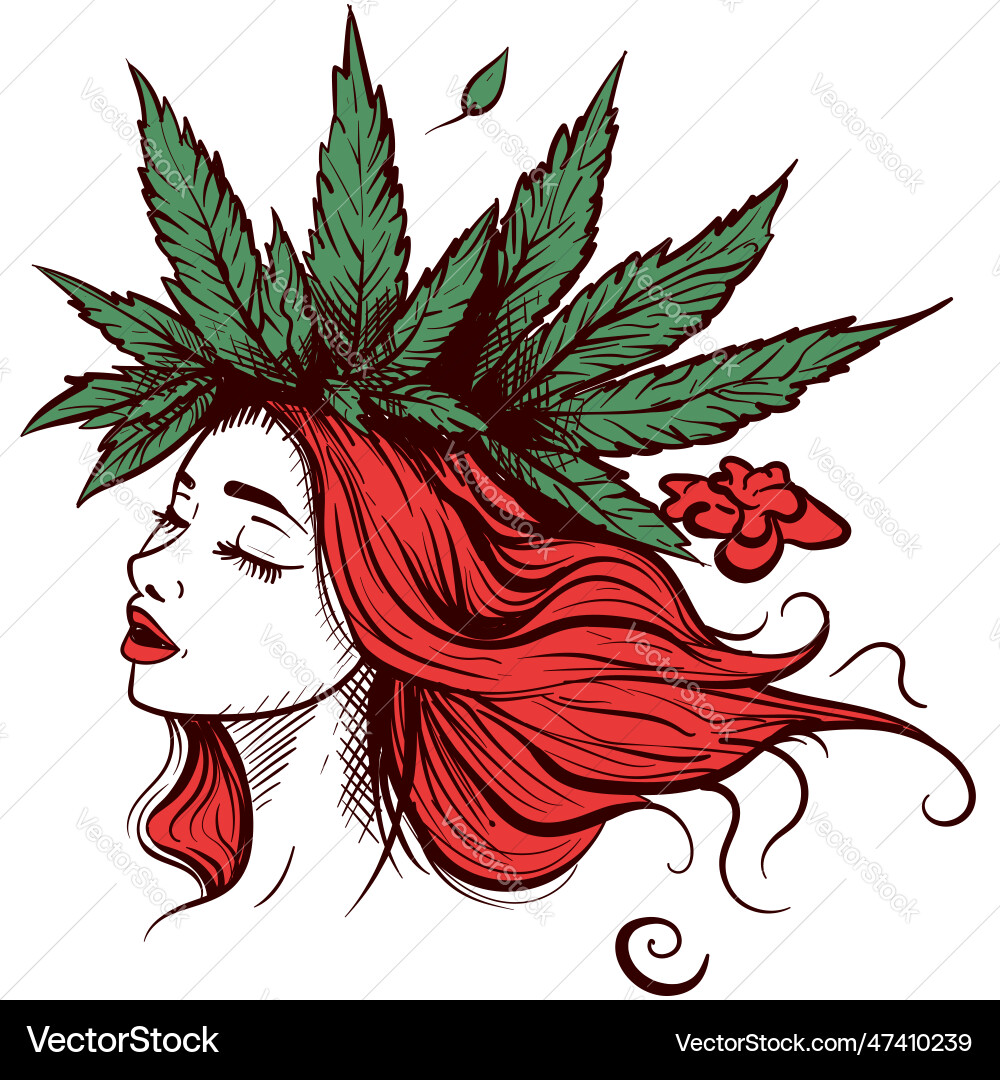 Redhead woman with green marijuana leaves Redhead woman with green marijuana leaves vector image