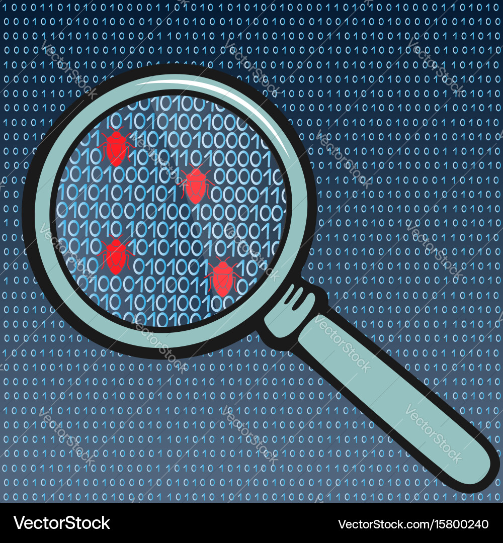 Bugs in the system code under magnifying glass vector image