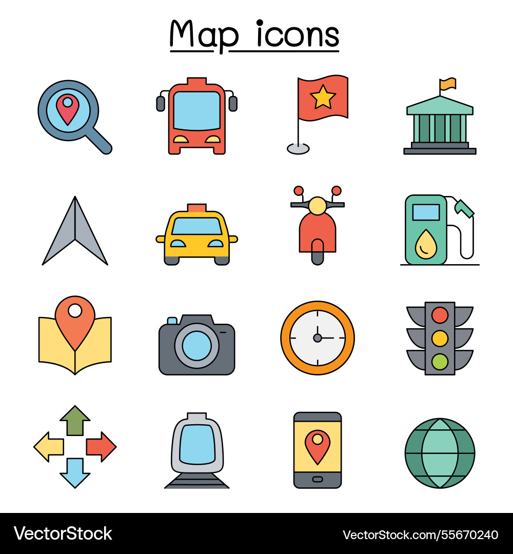 Map icon set in color line style vector image