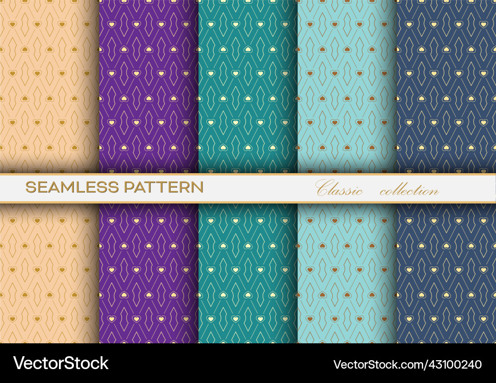 Set of seamless gold patterns on a multicolored Set of seamless gold patterns on a multicolored vector image