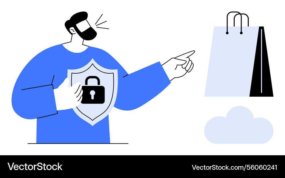 Man with shield highlighting secure online Man with shield highlighting secure online vector image