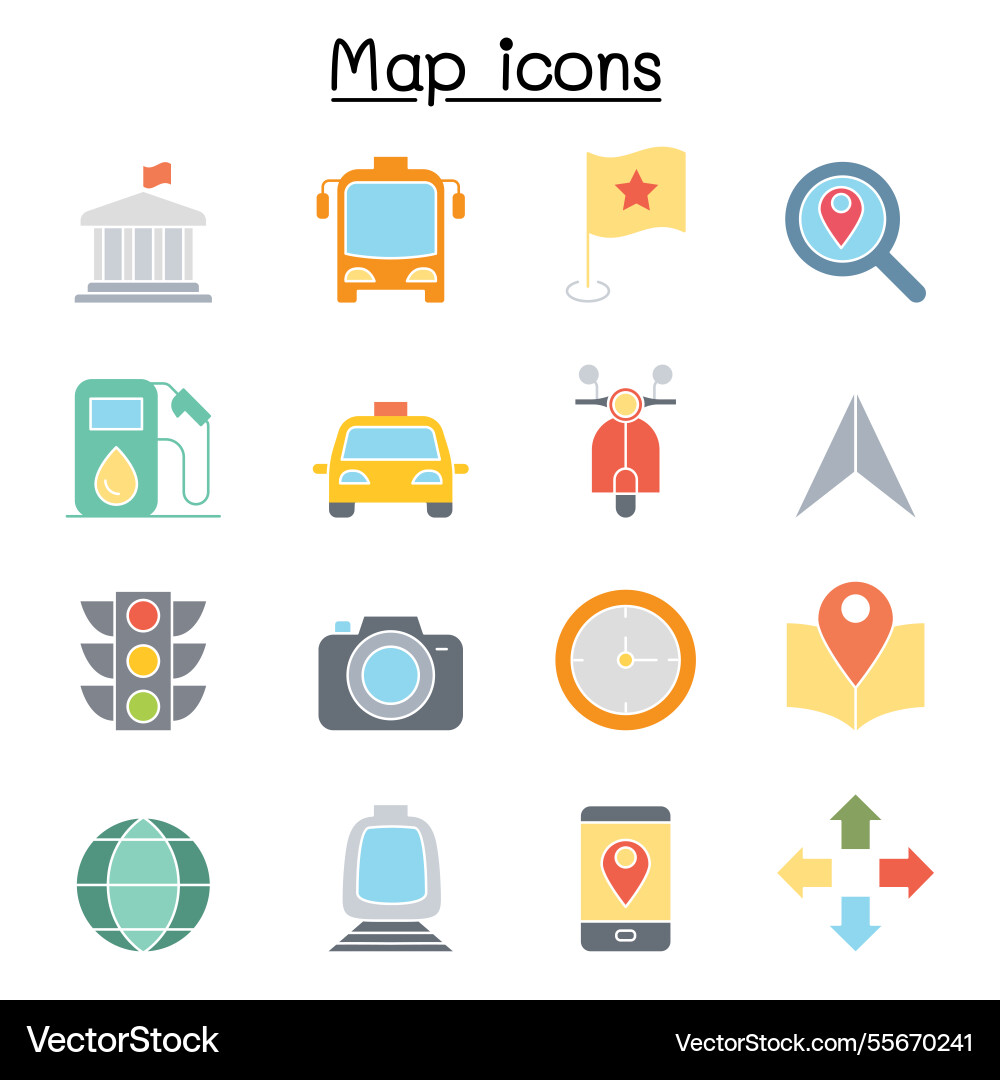 Map icon set in flat color style Map icon set in flat color style vector image