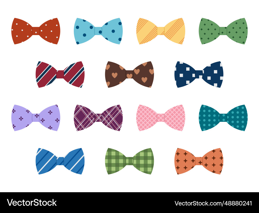 Set of colored man bow ties with different pattern Set of colored man bow ties with different pattern vector image