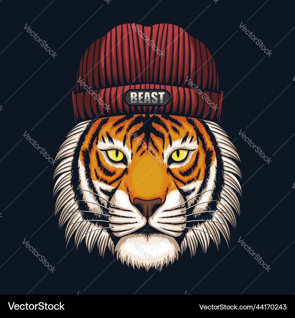 Tiger head wearing beanie hat Tiger head wearing beanie hat Vector Image