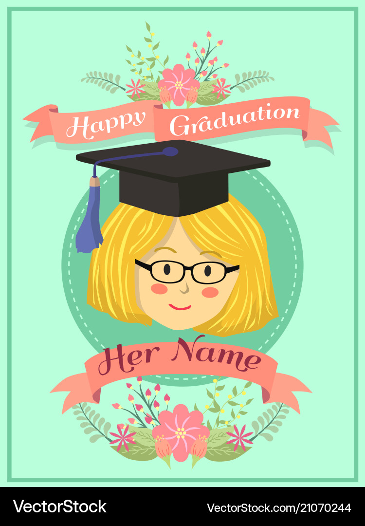 Happy graduation mint green girl greeting card Happy graduation mint green girl greeting card vector image