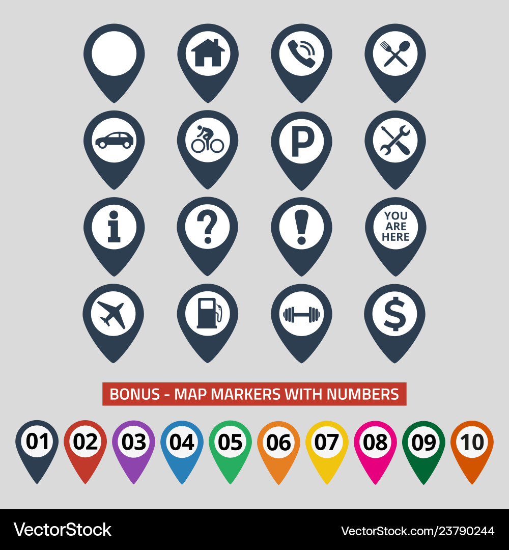 Map pin location icons set on gray background Map pin location icons set on gray background vector image