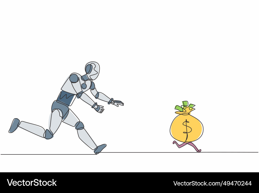 Single continuous line drawing robot chasing vector image