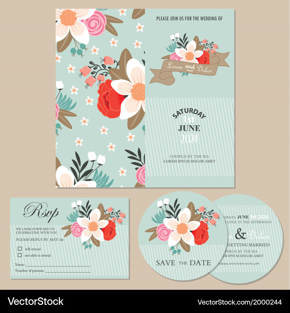 Vintage Wedding Card Set Vector Image