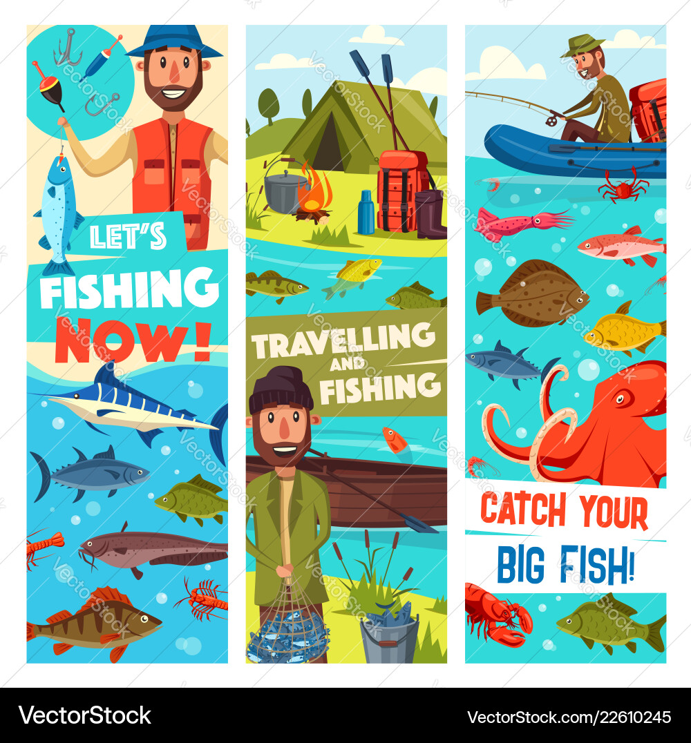 Angeln Reise Sport und Fischfang Banner Angeln Reise Sport und Fischfang Banner vektorbild
