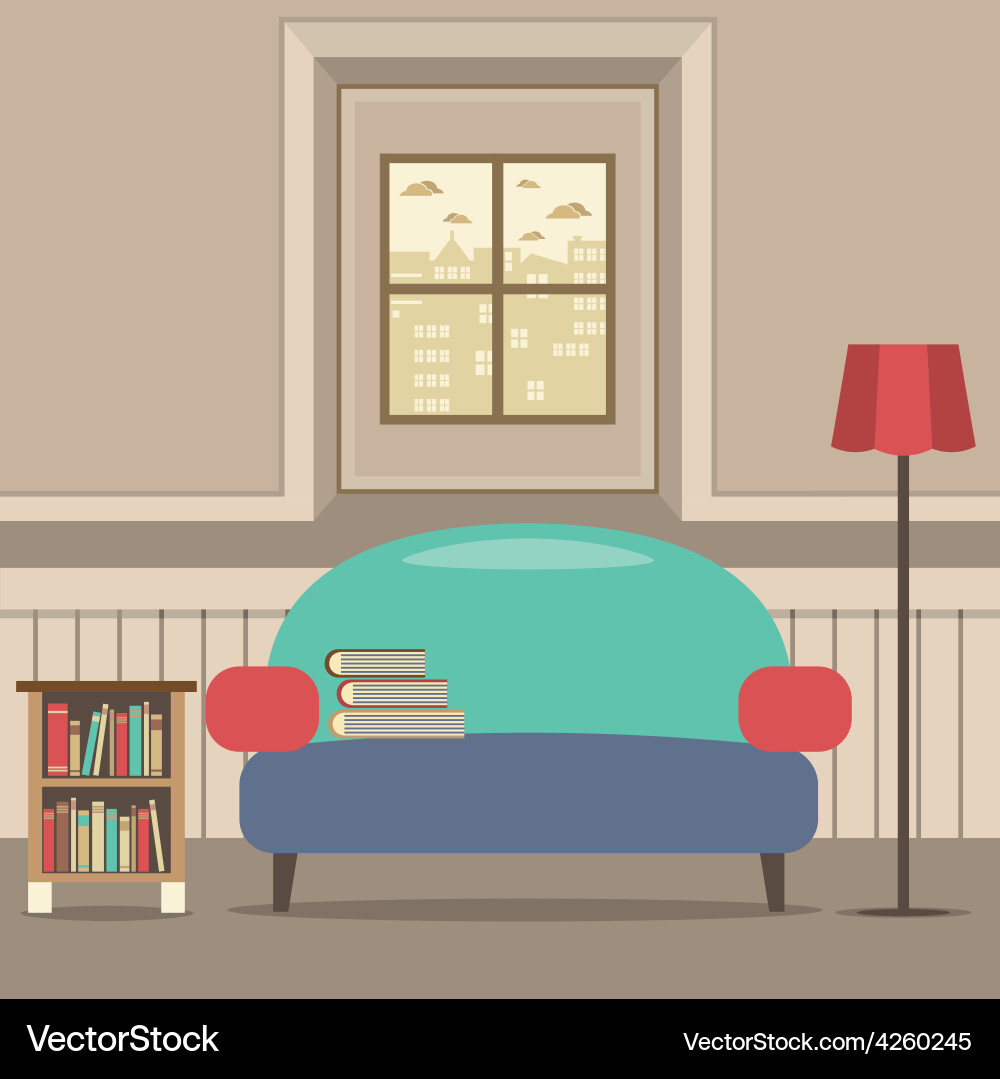 Empty couch with bookcase in front of window Vector Image