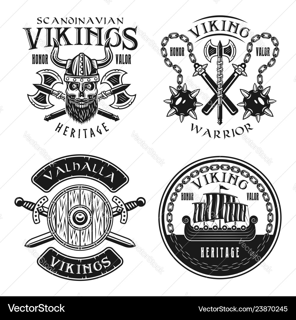 Vikings set of four emblems badges logos Vikings set of four emblems badges logos vector image