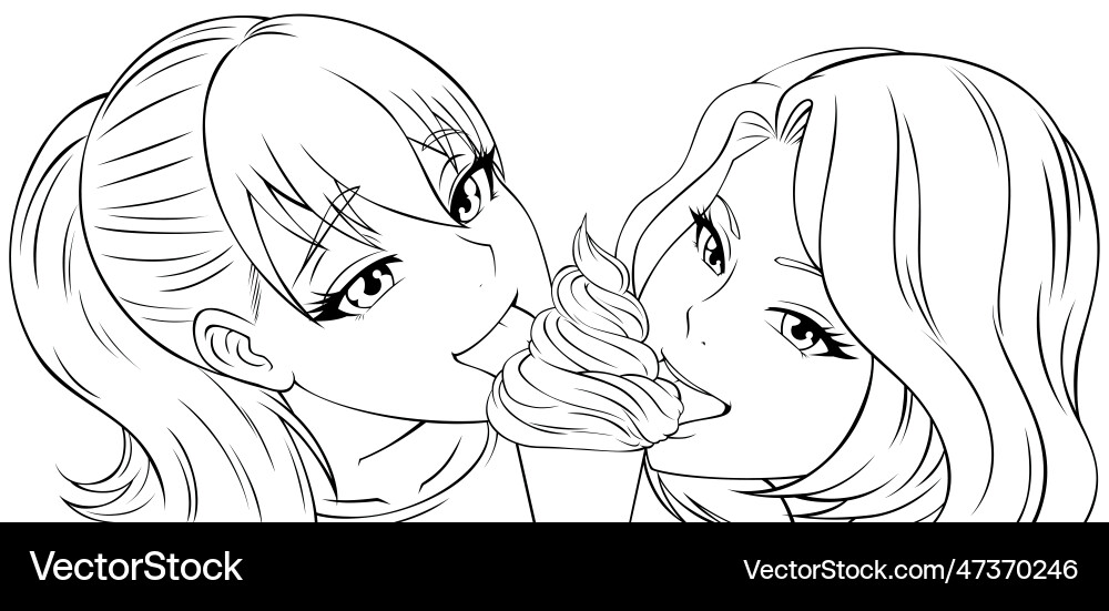 Manga girls eating ice cream line art Manga girls eating ice cream line art vector image