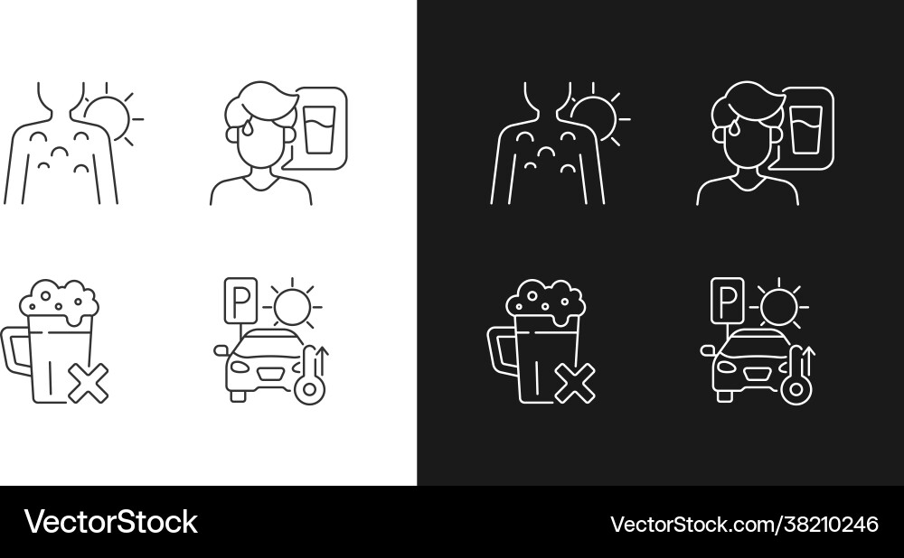 Sunstroke precaution linear icons set for dark Sunstroke precaution linear icons set for dark Vector Image