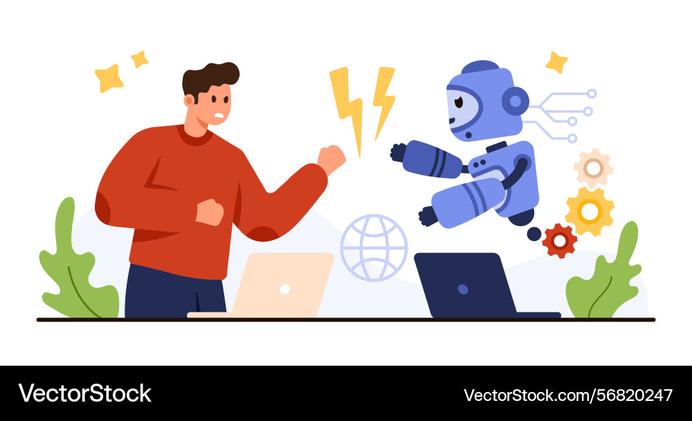 Human competing with robot artificial intelligence Human competing with robot artificial intelligence vector image