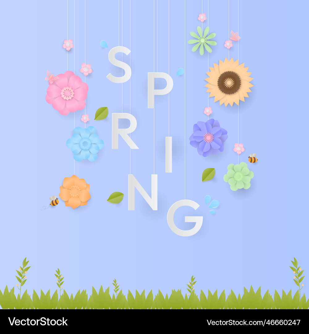 Spring text with colorful flower and grass Spring text with colorful flower and grass Vector Image