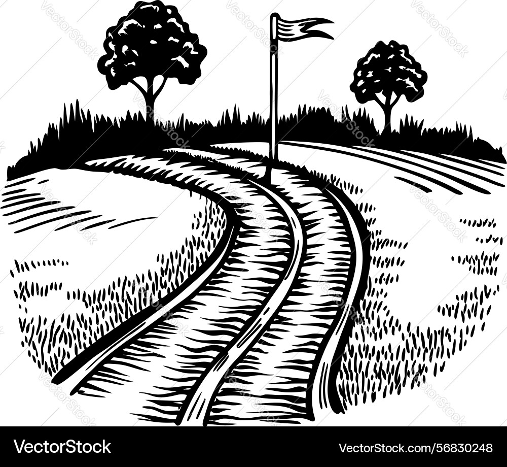 Curved pathway with flag and trees in black Vector Image