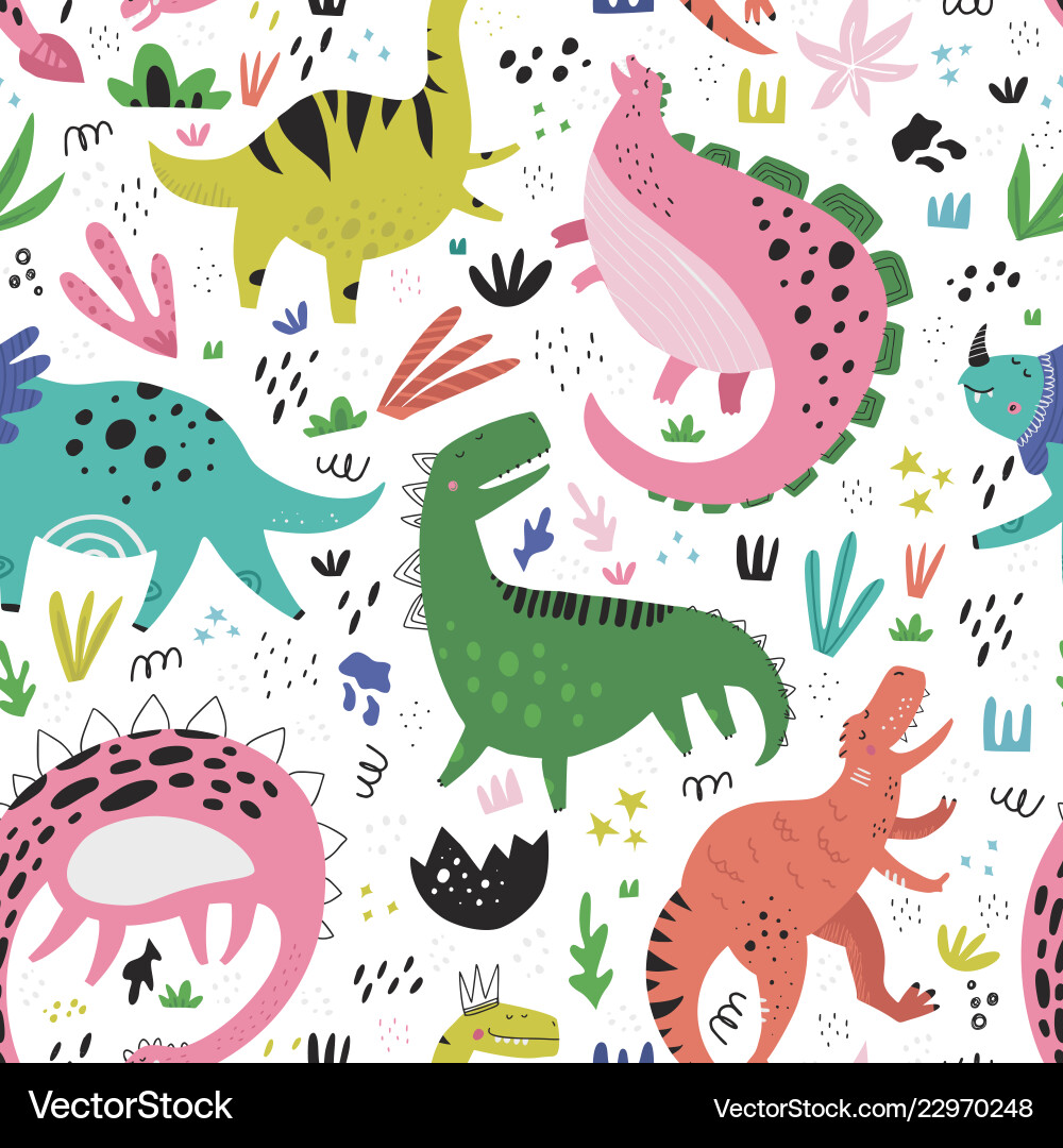 Cute dinosaurs hand drawn color seamless Cute dinosaurs hand drawn color seamless vector image