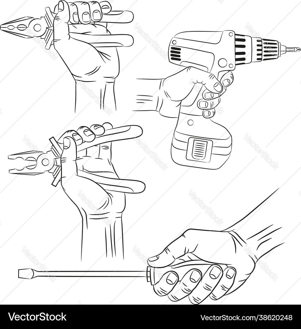 Hands mit Werkzeugen - Umriss realistische Zeichnungen Hands mit Werkzeugen - Umriss realistische Zeichnungen vektorbild
