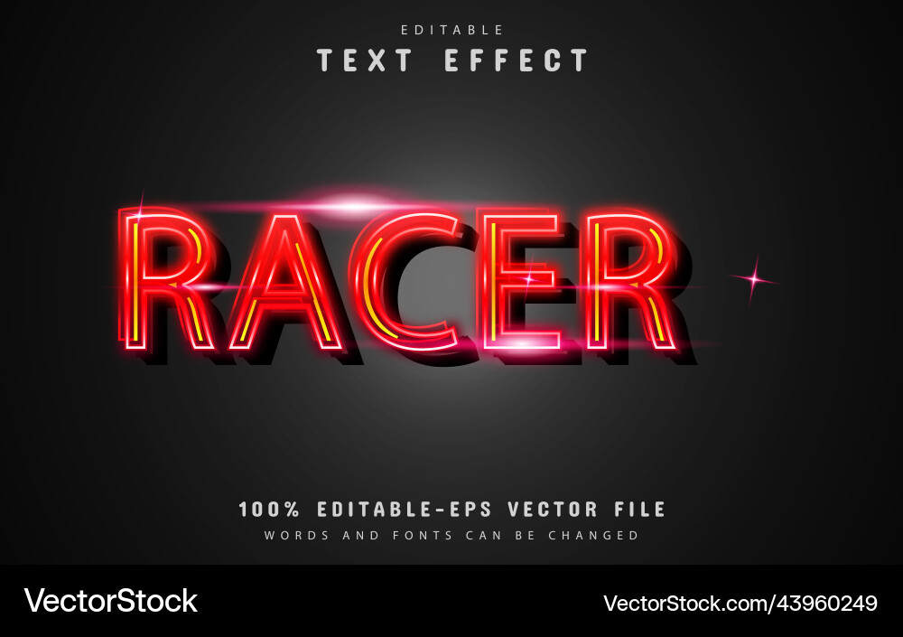 Racer neon text effect with red gradient Racer neon text effect with red gradient Vector Image