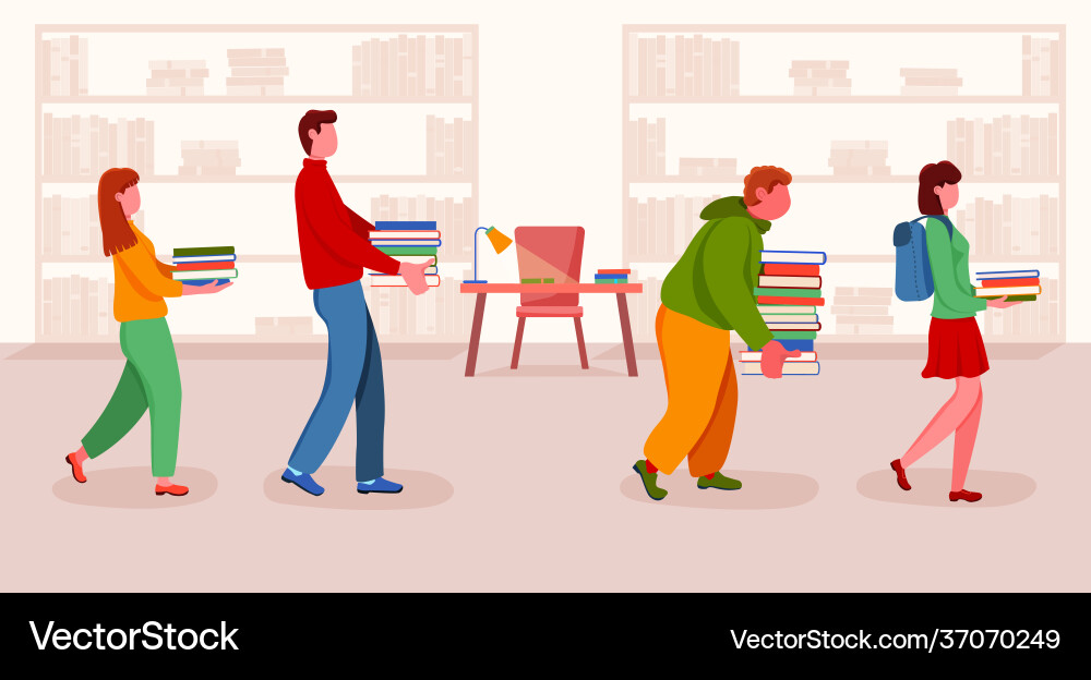 Student with book stack queue at library Vector Image