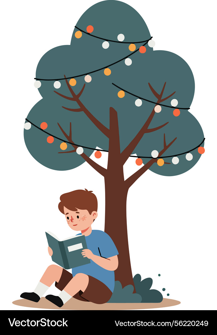 Young boy reading a book under tree with string Vector Image