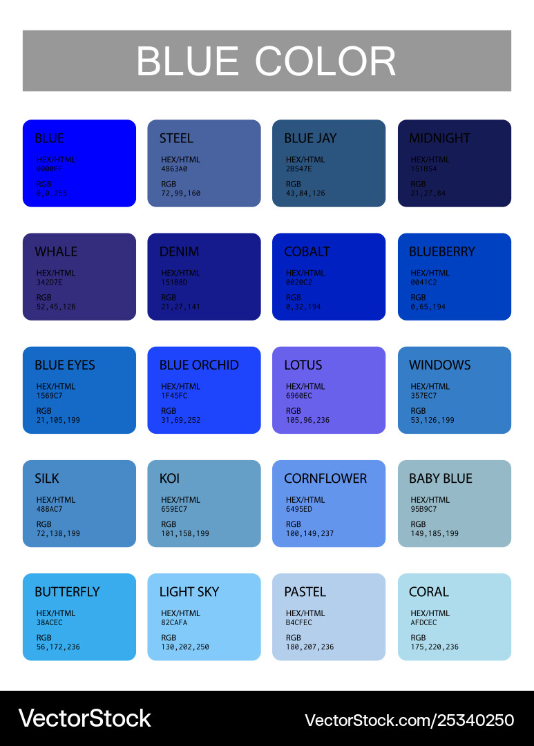 Blue color codes and names selection colors Vector Image