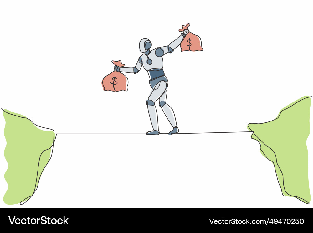 Continuous one line drawing robot walk over cliff Vector Image