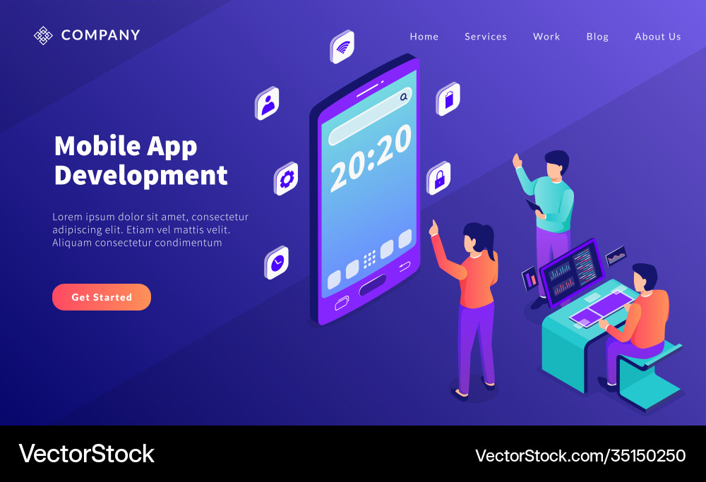 Mobile app development with team developer Mobile app development with team developer vector image