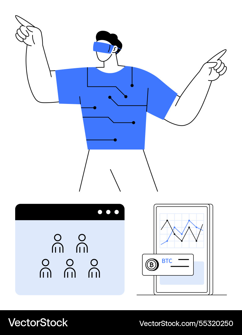Virtual reality user interacting with technology Virtual reality user interacting with technology vector image