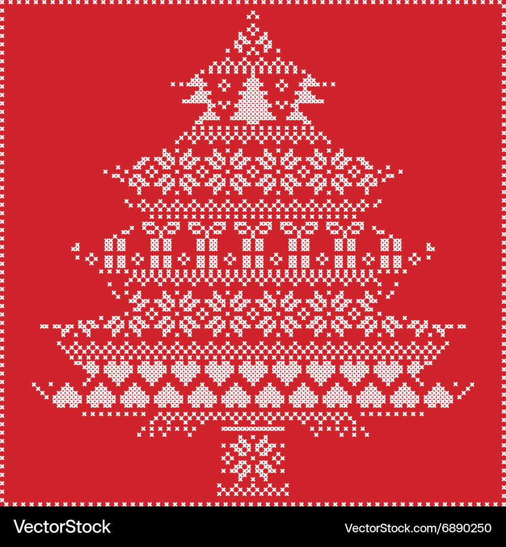 Winter pattern in christmas tree shape on red vector image