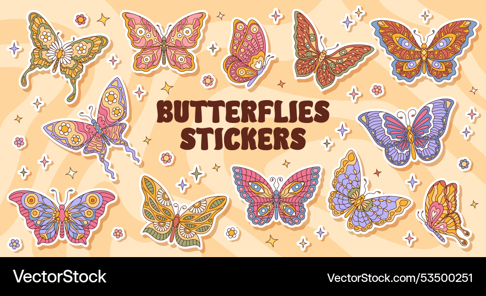 Groovy butterfly insects stickers pack cartoon set Groovy butterfly insects stickers pack cartoon set vector image