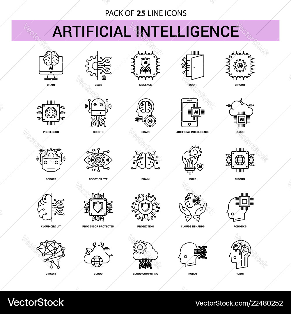 Artificial intelligence line icon set - 25 dashed Vector Image