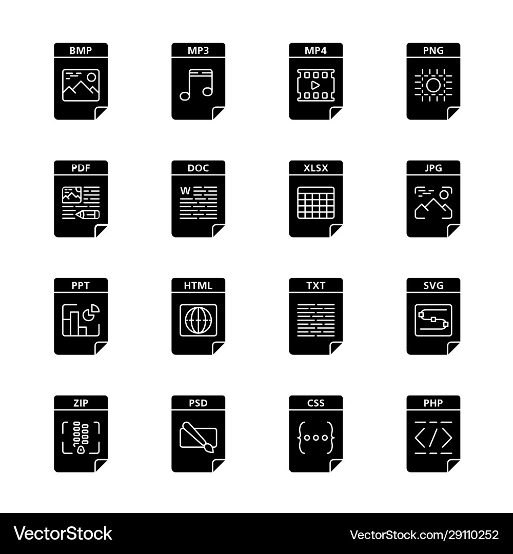 Files format glyph icons set Files format glyph icons set vector image