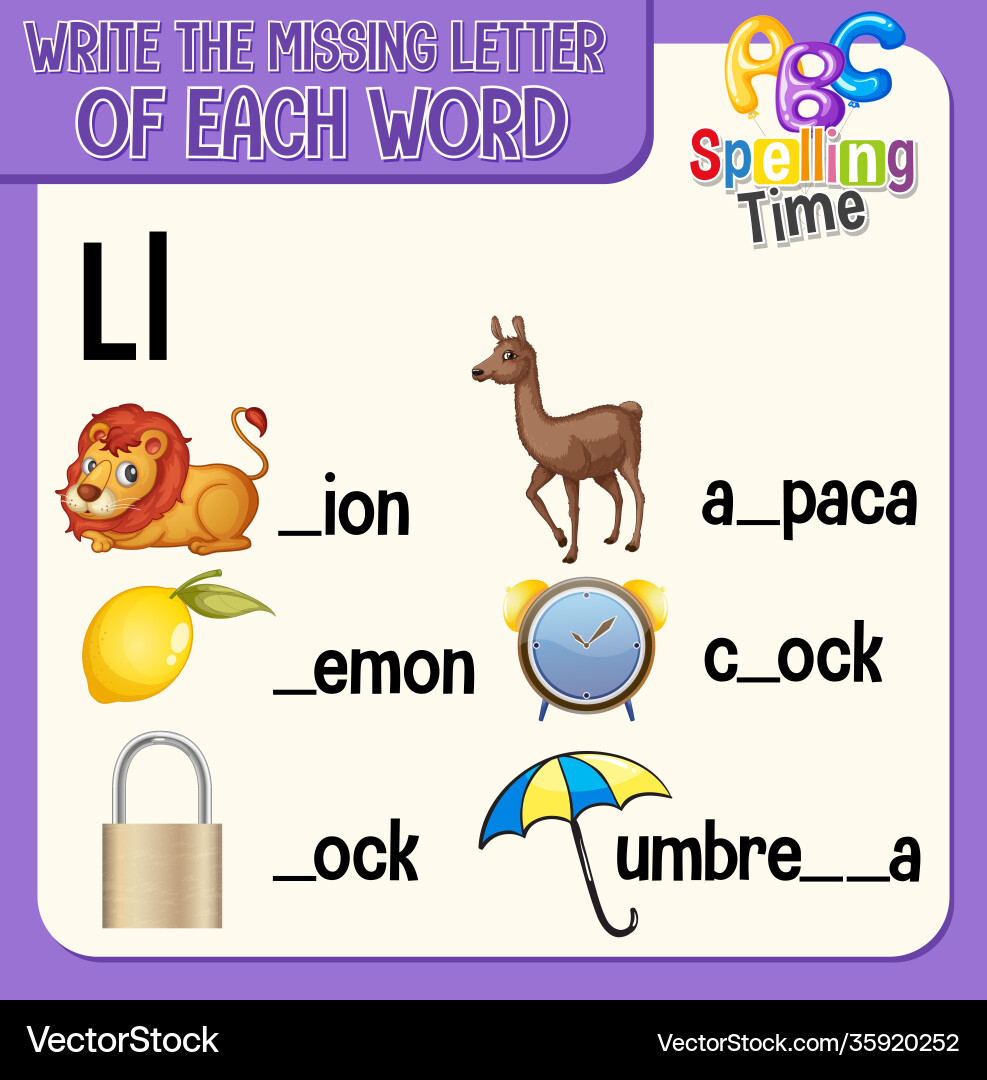 Fill missing letter each word worksheet Royalty Free Vector